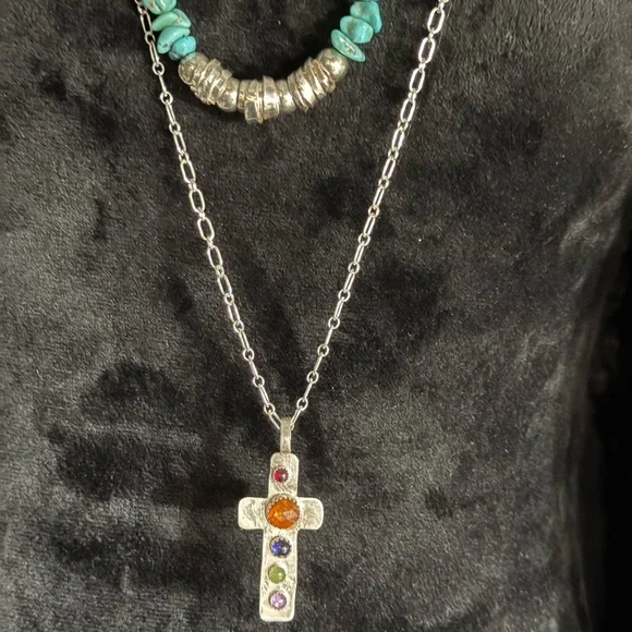 Silver Cross Pendant Necklace with Multicolor Stones